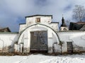 Holy gates of Voskresensky Goritsky monastery in the Vologda region in winter Royalty Free Stock Photo