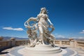 Holy goddess of love antique monumental statue, a beautiful woman, white marble, cinematic, blue sky background. AI