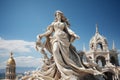 Holy goddess of love antique monumental statue, a beautiful woman, white marble, cinematic, blue sky background. AI
