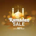 Holy Islamic month Ramadan season sale concept with golden mosque on mandala floral design background.