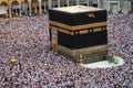 Holy Kaaba. Crowd of muslims walking around Kaaba for Tawaf during Hajj