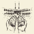 Holy Kaaba Mecca Saudi Arabia praying hands drawn