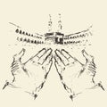 Holy Kaaba Mecca Saudi Arabia praying hands drawn