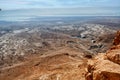 Holy Land of Israel. View from Fortress Massada. Ruin of Roman legions camp.