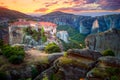 Holy Meteora. Greece, Meteora Monasteries. Panoramic view of the Holy Monastery of Varlaam, located on the edge of a high cliff. Royalty Free Stock Photo