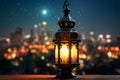 Holy month ambiance Lantern, night sky, city lights for Ramadan