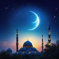 the holy month of crescent shaped moon and night cloudy and starry