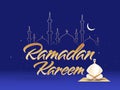 Holy Month of Islamic Festival Ramadan Kareem Poster Design with Cartoon Muslim Man Reading Quran and Mosque on Blue