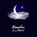 Holy month of Ramadan Kareem background with crescent moon, clouds and star. Muslim holiday card with calligraphy text and lantern