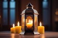 holy month of Ramadan, Laylat al-Qadr, Arab lantern fanus, candles, gloomy home atmosphere Royalty Free Stock Photo