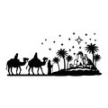 Holy Night silhouette - Nativity scene of baby Jesus silhouette in a manger with Mary and Joseph with the three wise men Royalty Free Stock Photo