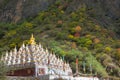 Holy pagodas in Tibetan temple with colorful forest on mountain. Royalty Free Stock Photo