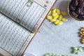 Holy Quran, Rosary, Iftar sweets and dried fruits with a cup of water. View from above. Flat lay photo