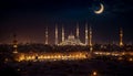 Holy Ramadan night sky with Islamic Mosque and full moon background tranquil city wallpaper Royalty Free Stock Photo