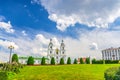 Holy Spirit Cathedral Orthodox Church Baroque style building and green grass lawn in Upper Town Minsk Royalty Free Stock Photo