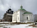 Holy Trinity Church and cathedral Christ Resurrection at the Goritsy Monastery of Resurrection Vologda region in winter, Russia Royalty Free Stock Photo