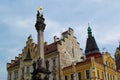 Holy Trinity Column Sloup Nejsvetejsi Trojice, located in the centre of the Loket Market, with typical czech houses at the