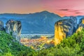 Holy Trinity Monastery and kalambaka village in evening lights, Greece Royalty Free Stock Photo