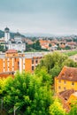 The Holy Trinity Orthodox Cathedral and Sighisoara old town panorama view in Romania Royalty Free Stock Photo