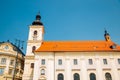 Holy Trinity Roman Catholic Church at Piata Mare Large Square in Sibiu, Romania Royalty Free Stock Photo