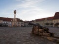 Holy Trinity Square with a medieval cannon in front, inside the walls of the Osijek Fortress