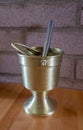 Holy water bucket at San Lorenzo Seminary church, Santa Inez, CA, USA