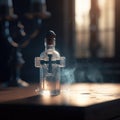 A bottle of Holy Water in the shape of a cross. An AI generated religious concept art illustration. Royalty Free Stock Photo