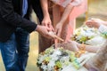 Holy water pouring ceremony over bride and groom hands, Thai traditional wedding engagement Royalty Free Stock Photo