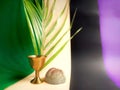 Holy Week, Lent Season, Maundy Thursday  Concept - chalice and bread with palm leaf in green, white, black and purple background. Royalty Free Stock Photo