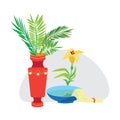 Holy week and palm Sunday background, green branch in vase and flowers vector illustration Royalty Free Stock Photo