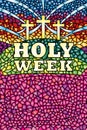 Holy Week in stained glass with the theme of the crucifixion of Christ, Bible lettering