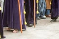 Holy Week in Zamora, Spain. Procession of the Brotherhood of Santa Vera Cruz on the afternoon of Holy Thursday. Bare foot of a pen Royalty Free Stock Photo