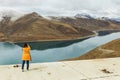 Holy Yamdrok lake and a foreign tourist Royalty Free Stock Photo