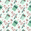 Holyday seamless pattern with winter plants and Christmas gift boxes.