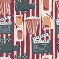 Holywood style seamless cinema movie pattern. Popcorn, camera, 3d glasses and clapperboard silhouettes on striped background.