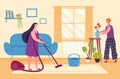 Home activities. Woman vacuuming carpet, doing household chores. Character taking care of plants and flowers Royalty Free Stock Photo