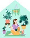 Home activity of young woman. Girl grow houseplants, home gardening and planting. Vector flat illustration. Isolated on