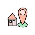 Home address, house with destination mark, geolocation flat color line icon. Royalty Free Stock Photo