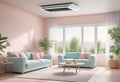 Home air conditioner installed in a room with a sofa and a view from the window, the concept of a pleasant atmosphere Royalty Free Stock Photo