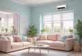 Home air conditioner installed in a room with a sofa and a view from the window, the concept of a pleasant atmosphere Royalty Free Stock Photo