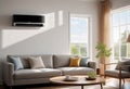 Home air conditioner installed in a room with a sofa and a view from the window, the concept of a pleasant atmosphere Royalty Free Stock Photo