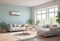 Home air conditioner installed in a room with a sofa and a view from the window, the concept of a pleasant atmosphere Royalty Free Stock Photo