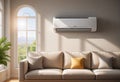 Home air conditioner installed in a room with a sofa and a view from the window, the concept of a pleasant atmosphere Royalty Free Stock Photo