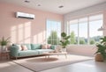 Home air conditioner installed in a room with a sofa and a view from the window, the concept of a pleasant atmosphere Royalty Free Stock Photo