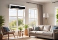 Home air conditioner installed in a room with a sofa and a view from the window, the concept of a pleasant atmosphere Royalty Free Stock Photo