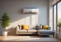 Home air conditioner installed in a room with a sofa and a view from the window, the concept of a pleasant atmosphere Royalty Free Stock Photo