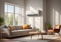 Home air conditioner installed in a room with a sofa and a view from the window, the concept of a pleasant atmosphere Royalty Free Stock Photo