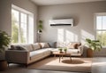 Home air conditioner installed in a room with a sofa and a view from the window, the concept of a pleasant atmosphere Royalty Free Stock Photo