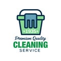 Home and apartment cleaning service logo in linear style. Green bucket with blue rag icon. Flat vector design for flyer Royalty Free Stock Photo
