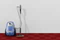 Home Appliance Concept. Modern Vacuum Cleaner in Empty Living Room with Red Carpet. 3d Rendering